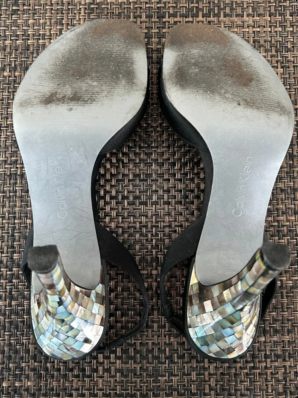Calvin Klein Black Satin Slingback Sandals with Mosaic Shell Heel - Size 8.5